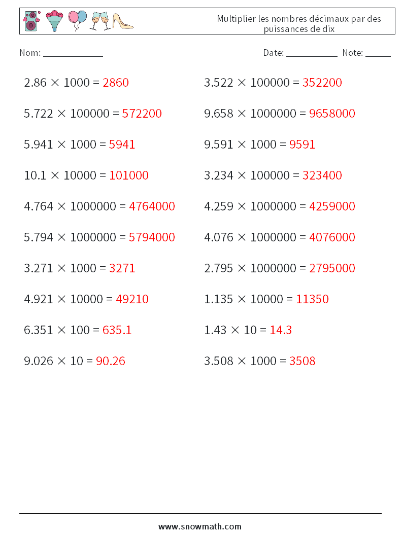 Multiplier les nombres décimaux par des puissances de dix Fiches d'Exercices de Mathématiques 10 Question, Réponse