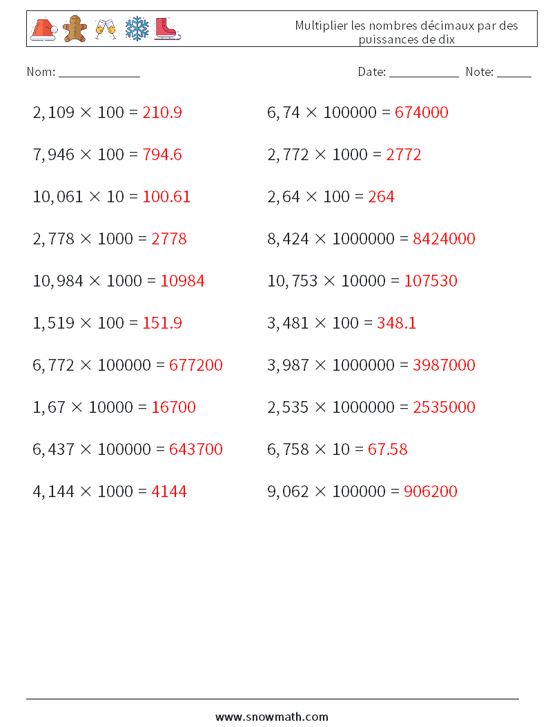 Multiplier les nombres décimaux par des puissances de dix Fiches d'Exercices de Mathématiques 12 Question, Réponse