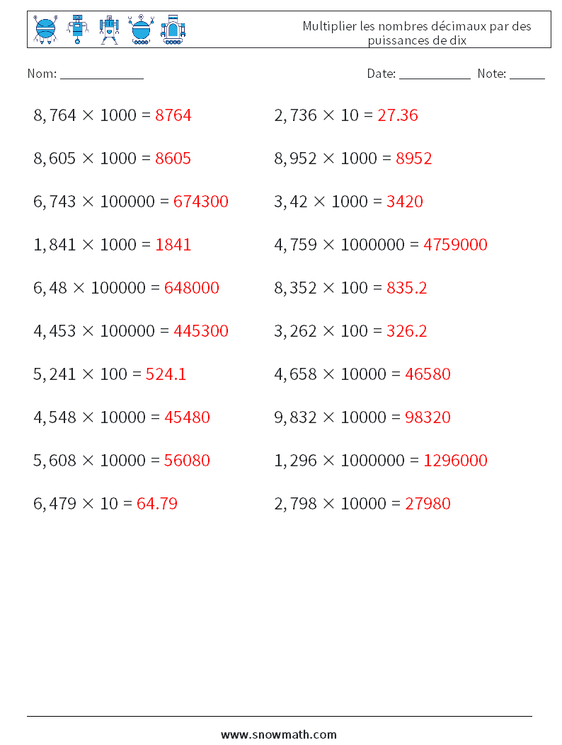 Multiplier les nombres décimaux par des puissances de dix Fiches d'Exercices de Mathématiques 13 Question, Réponse