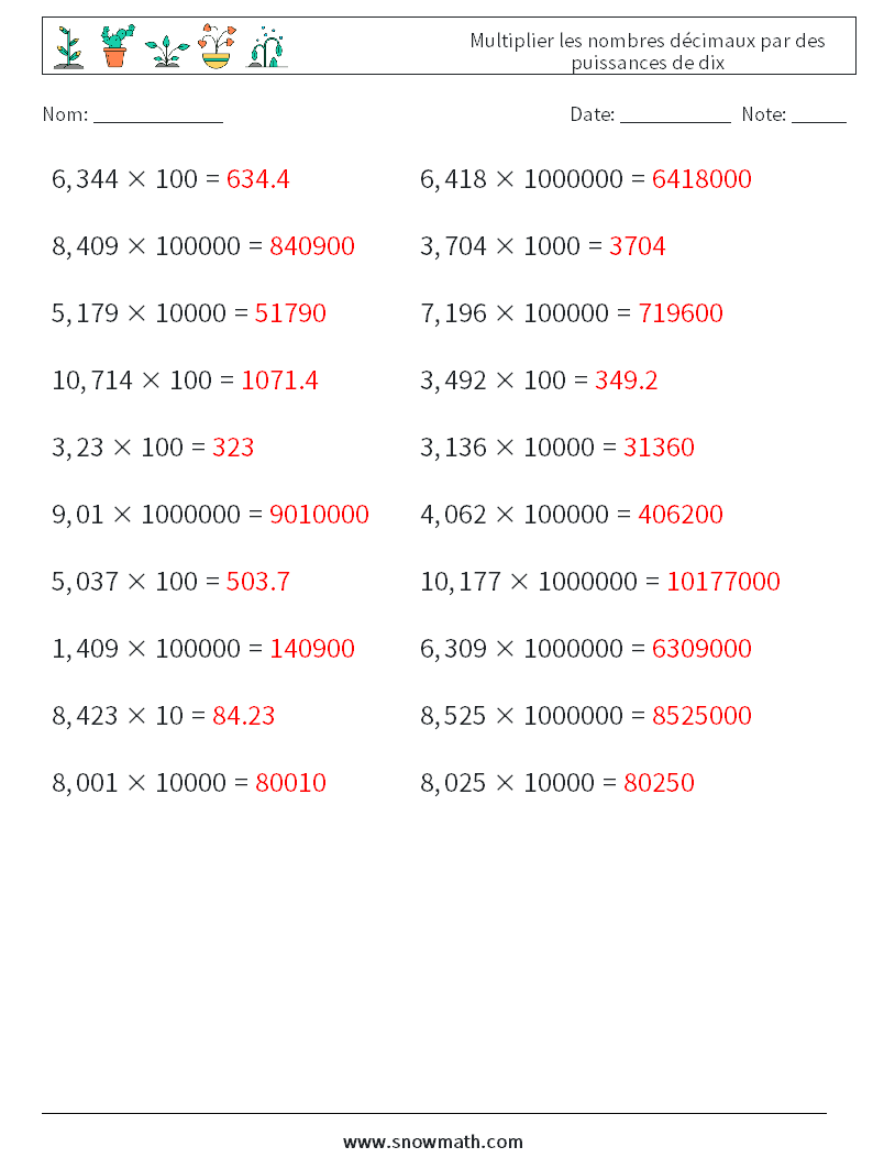 Multiplier les nombres décimaux par des puissances de dix Fiches d'Exercices de Mathématiques 14 Question, Réponse