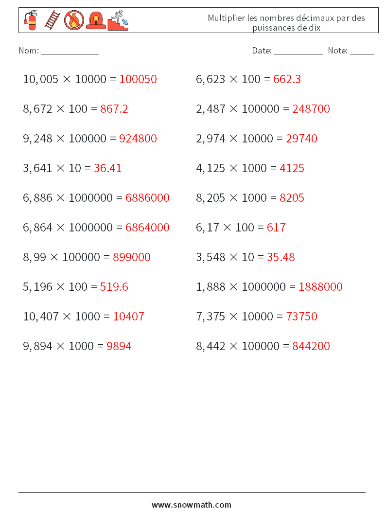 Multiplier les nombres décimaux par des puissances de dix Fiches d'Exercices de Mathématiques 15 Question, Réponse