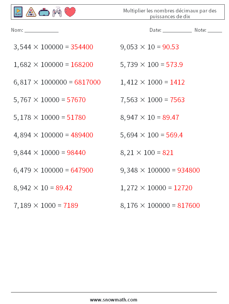 Multiplier les nombres décimaux par des puissances de dix Fiches d'Exercices de Mathématiques 16 Question, Réponse
