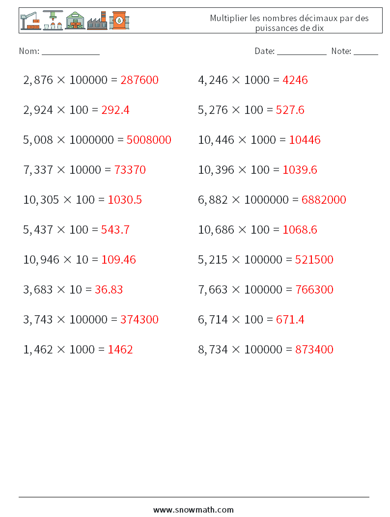 Multiplier les nombres décimaux par des puissances de dix Fiches d'Exercices de Mathématiques 17 Question, Réponse