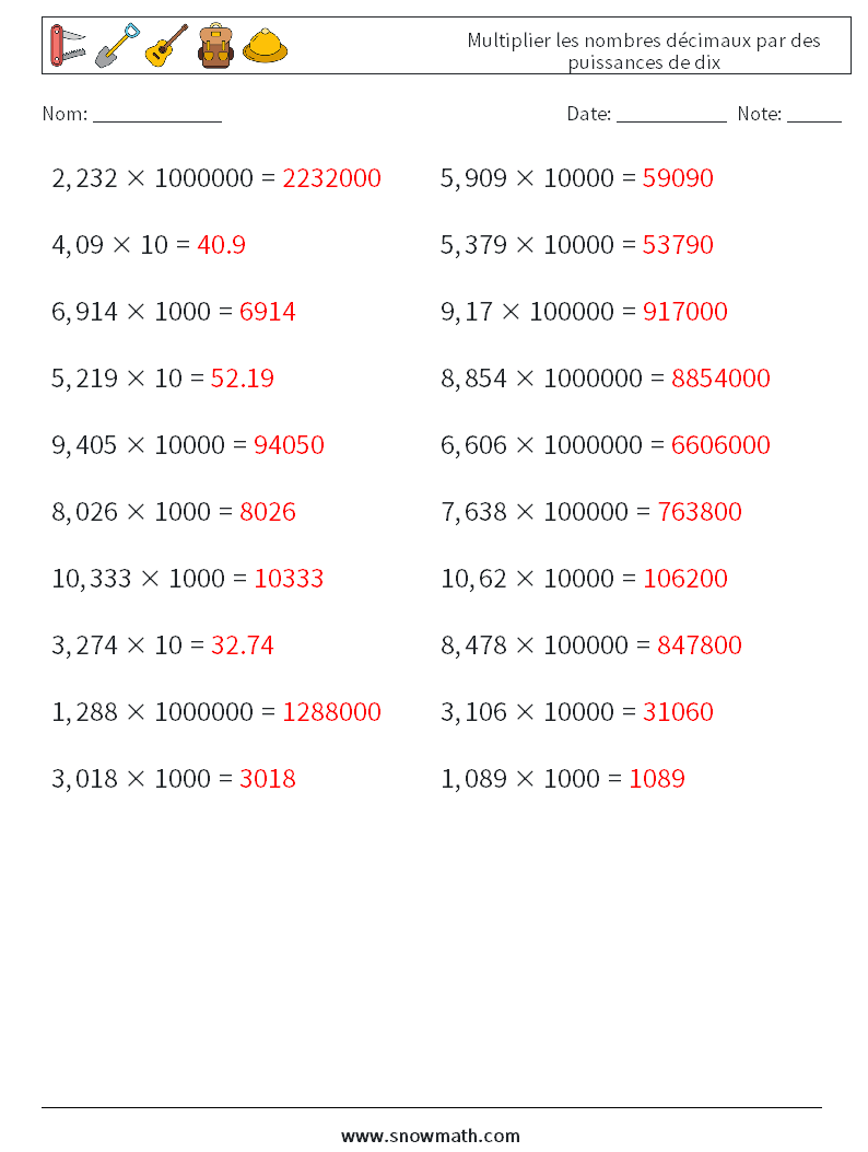 Multiplier les nombres décimaux par des puissances de dix Fiches d'Exercices de Mathématiques 18 Question, Réponse
