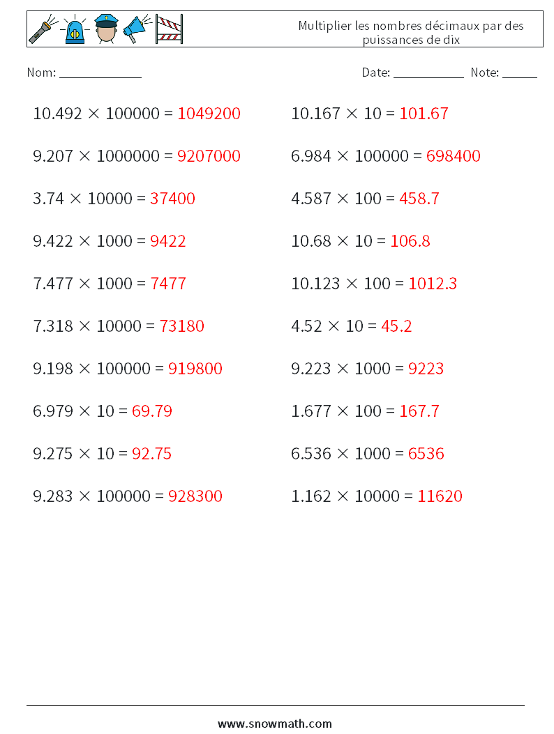Multiplier les nombres décimaux par des puissances de dix Fiches d'Exercices de Mathématiques 2 Question, Réponse