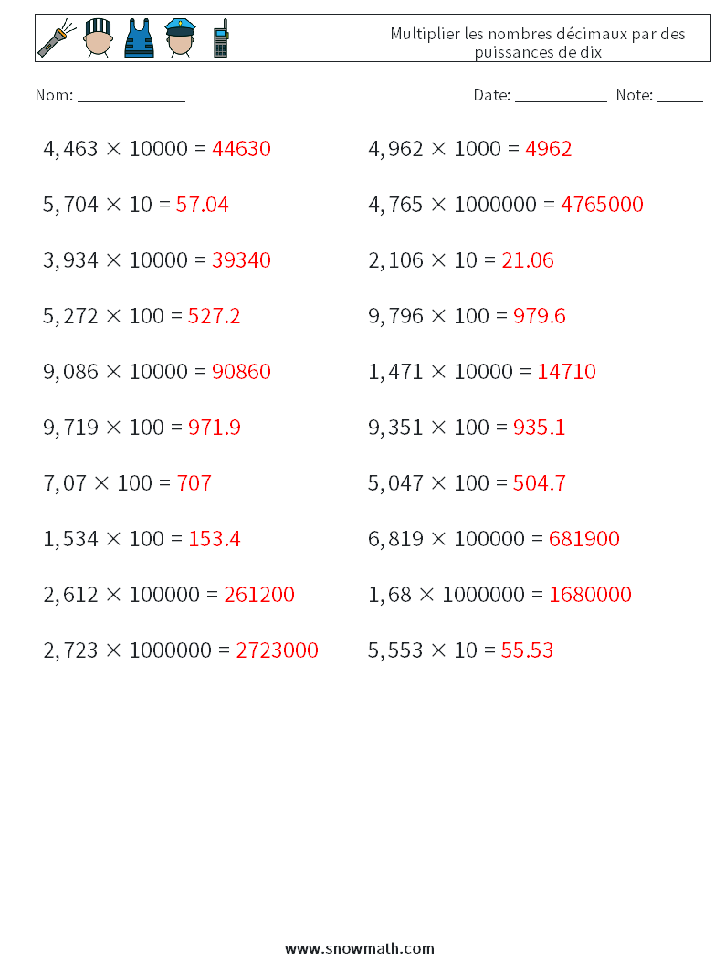 Multiplier les nombres décimaux par des puissances de dix Fiches d'Exercices de Mathématiques 3 Question, Réponse