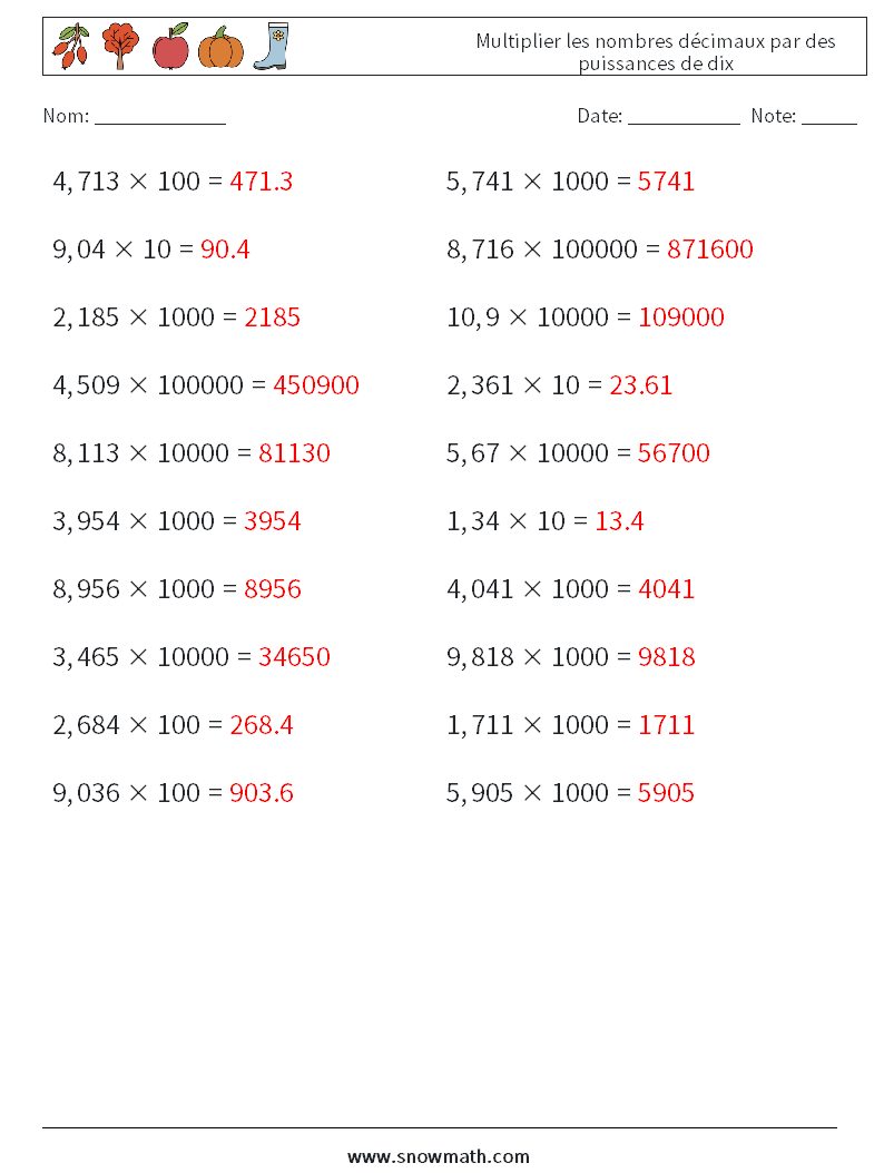 Multiplier les nombres décimaux par des puissances de dix Fiches d'Exercices de Mathématiques 4 Question, Réponse
