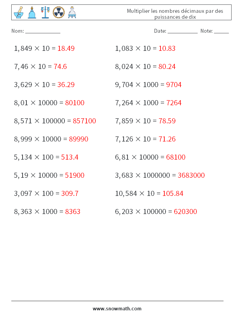 Multiplier les nombres décimaux par des puissances de dix Fiches d'Exercices de Mathématiques 5 Question, Réponse