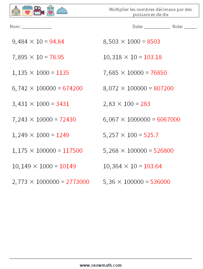 Multiplier les nombres décimaux par des puissances de dix Fiches d'Exercices de Mathématiques 6 Question, Réponse