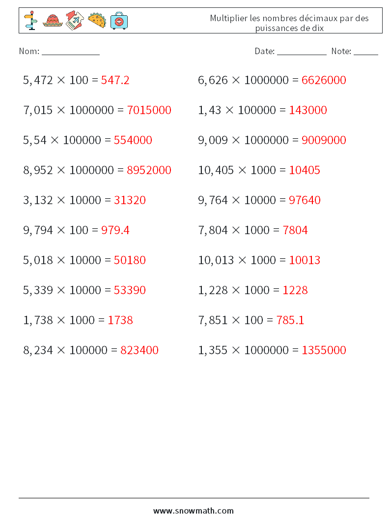 Multiplier les nombres décimaux par des puissances de dix Fiches d'Exercices de Mathématiques 7 Question, Réponse