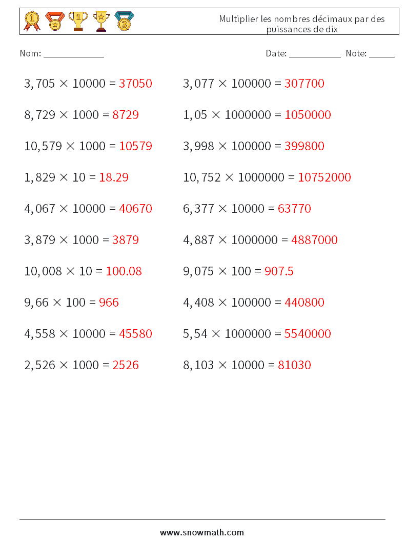 Multiplier les nombres décimaux par des puissances de dix Fiches d'Exercices de Mathématiques 8 Question, Réponse