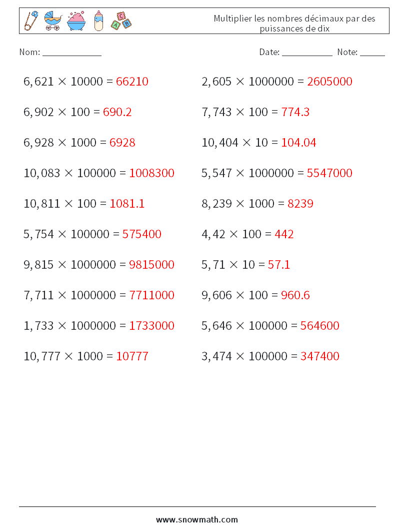 Multiplier les nombres décimaux par des puissances de dix Fiches d'Exercices de Mathématiques 9 Question, Réponse