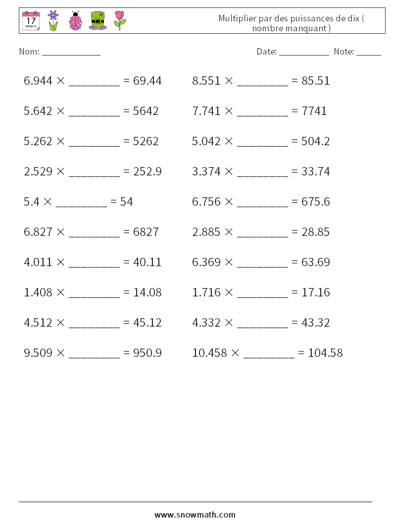 Multiplier par des puissances de dix ( nombre manquant ) Fiches d'Exercices de Mathématiques 10