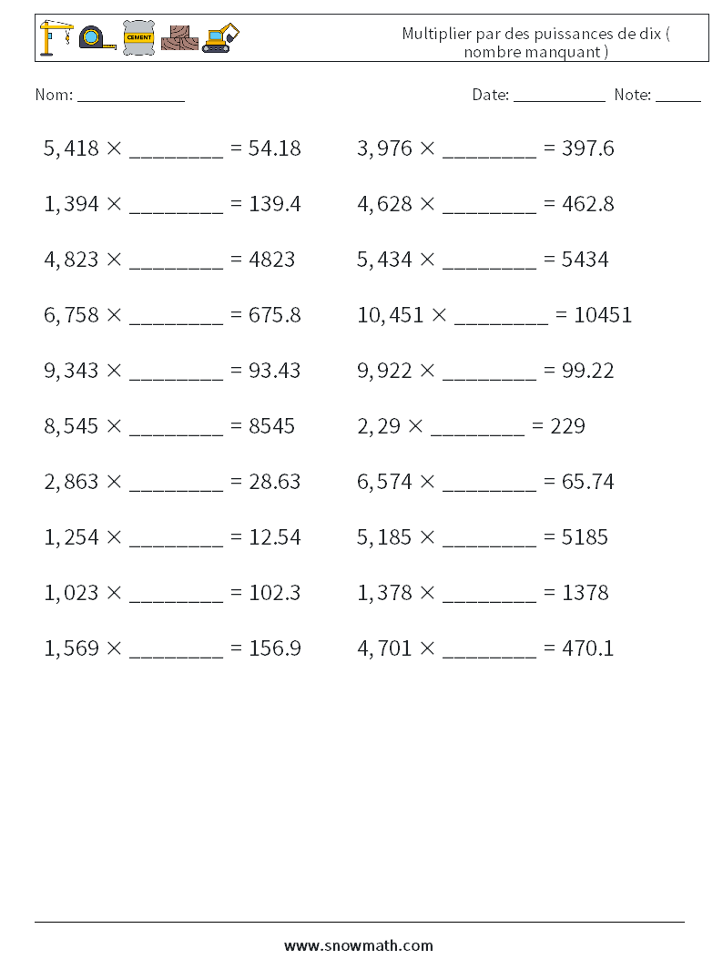 Multiplier par des puissances de dix ( nombre manquant ) Fiches d'Exercices de Mathématiques 12