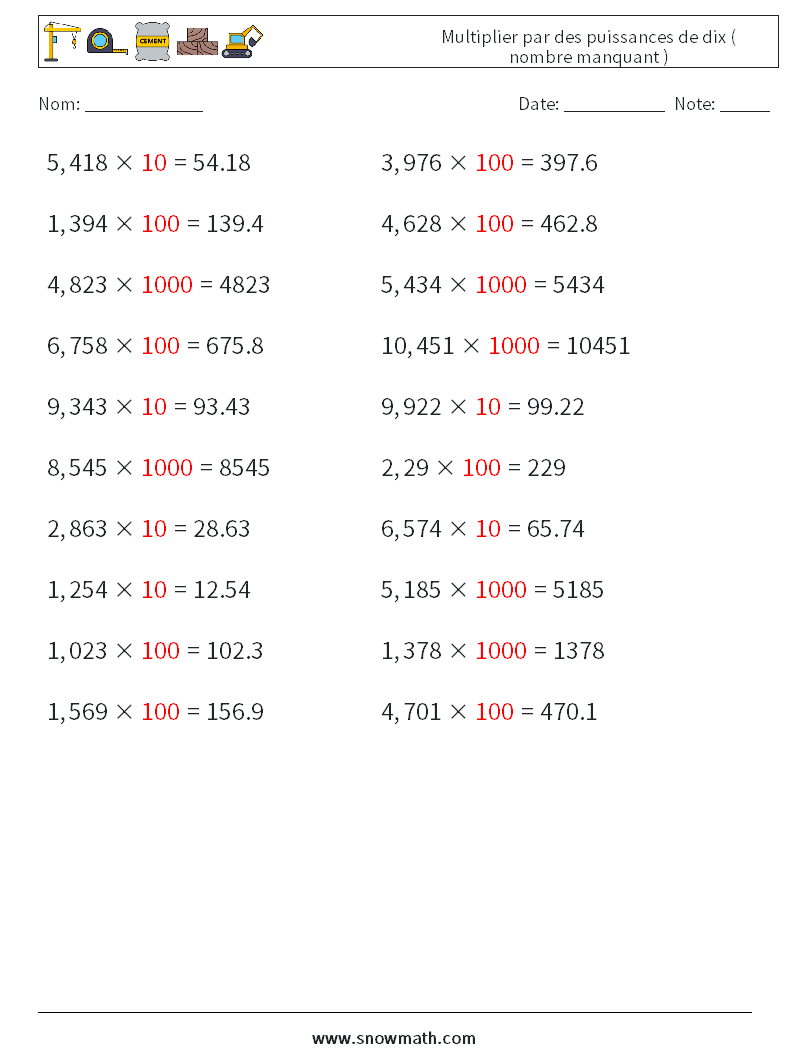 Multiplier par des puissances de dix ( nombre manquant ) Fiches d'Exercices de Mathématiques 12 Question, Réponse