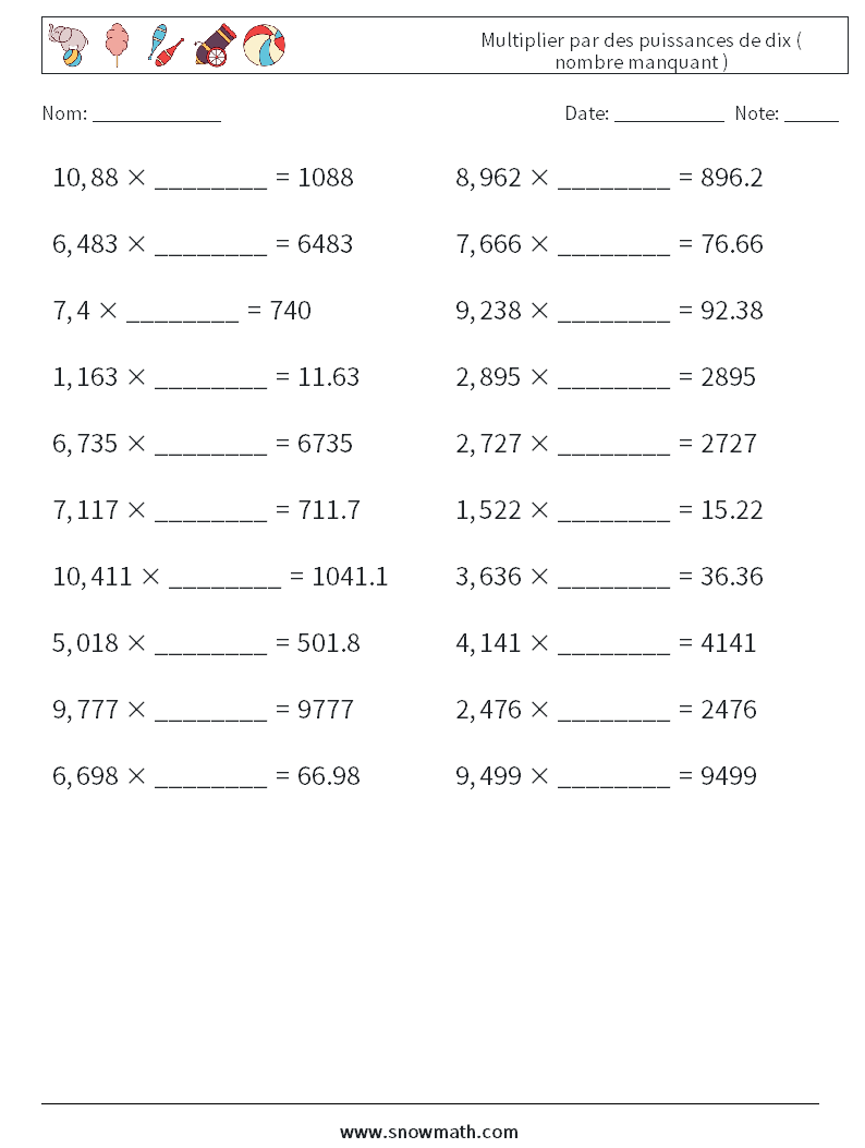 Multiplier par des puissances de dix ( nombre manquant ) Fiches d'Exercices de Mathématiques 13