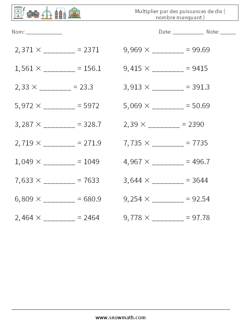 Multiplier par des puissances de dix ( nombre manquant ) Fiches d'Exercices de Mathématiques 14