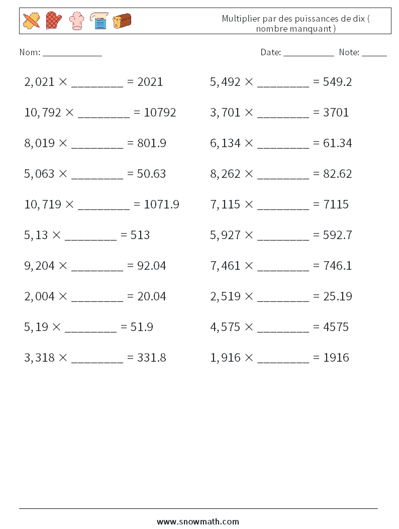 Multiplier par des puissances de dix ( nombre manquant ) Fiches d'Exercices de Mathématiques 15