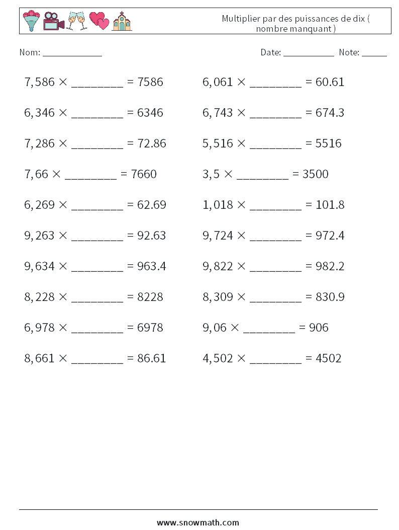 Multiplier par des puissances de dix ( nombre manquant ) Fiches d'Exercices de Mathématiques 16