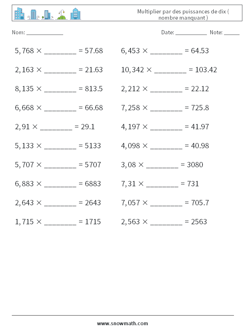 Multiplier par des puissances de dix ( nombre manquant ) Fiches d'Exercices de Mathématiques 17