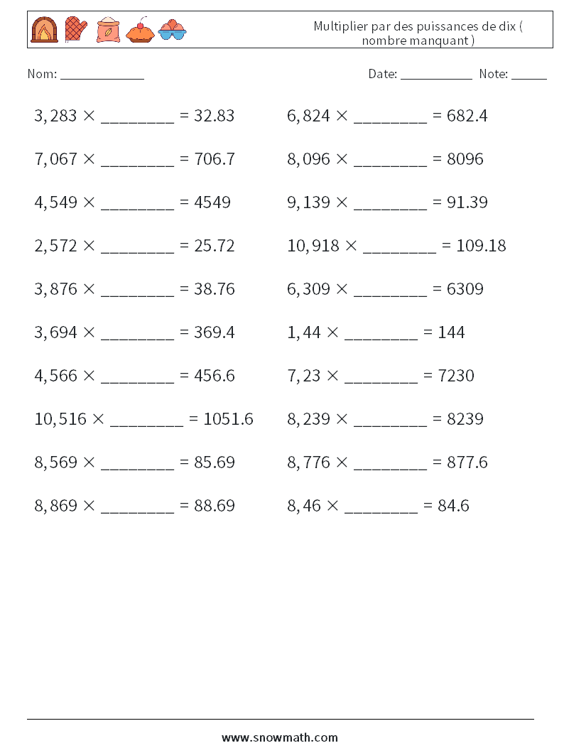 Multiplier par des puissances de dix ( nombre manquant ) Fiches d'Exercices de Mathématiques 18