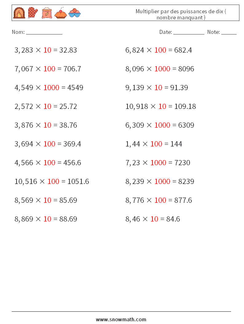 Multiplier par des puissances de dix ( nombre manquant ) Fiches d'Exercices de Mathématiques 18 Question, Réponse