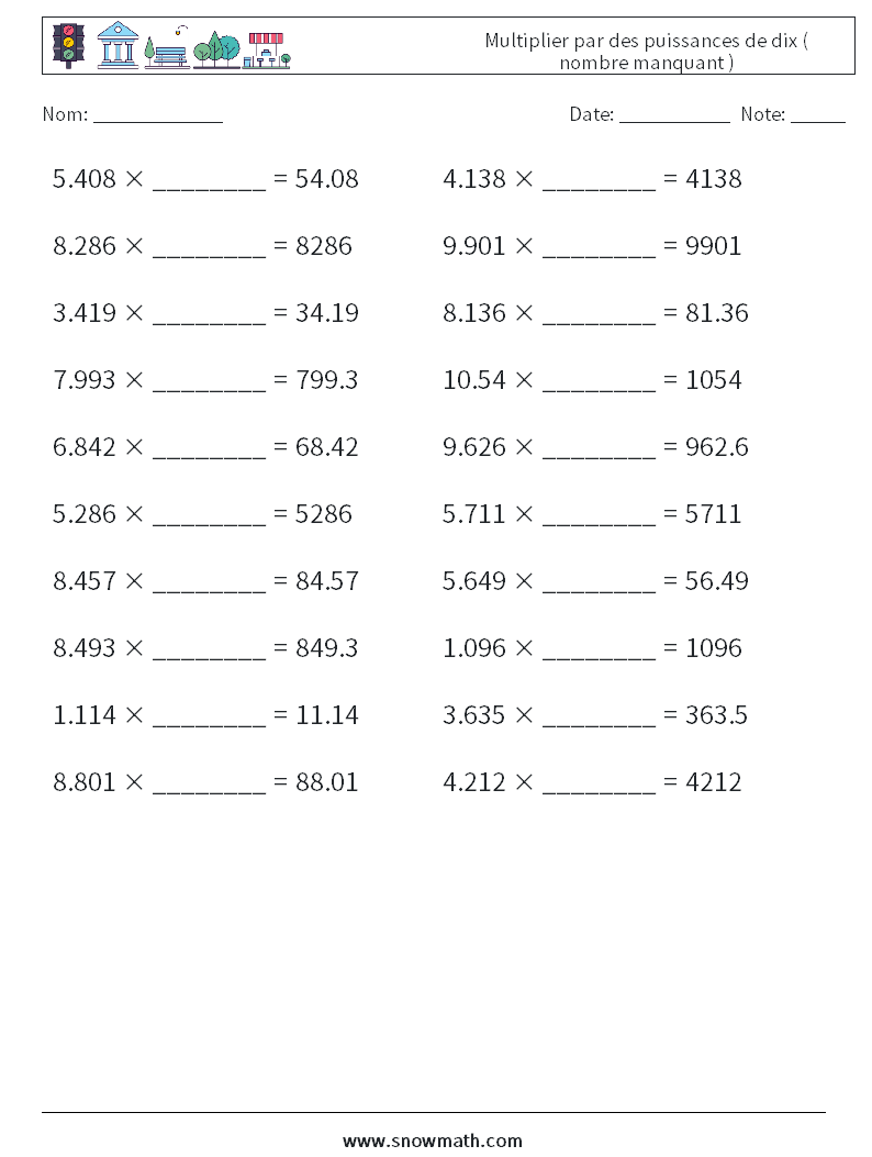 Multiplier par des puissances de dix ( nombre manquant ) Fiches d'Exercices de Mathématiques 2