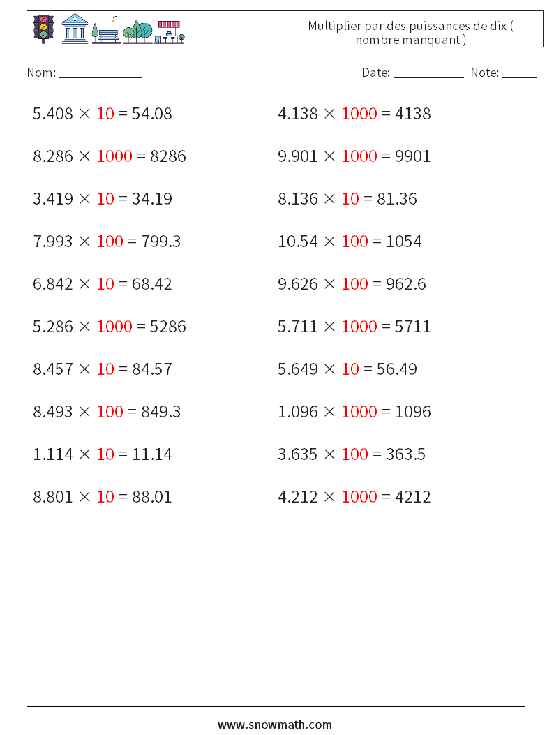 Multiplier par des puissances de dix ( nombre manquant ) Fiches d'Exercices de Mathématiques 2 Question, Réponse