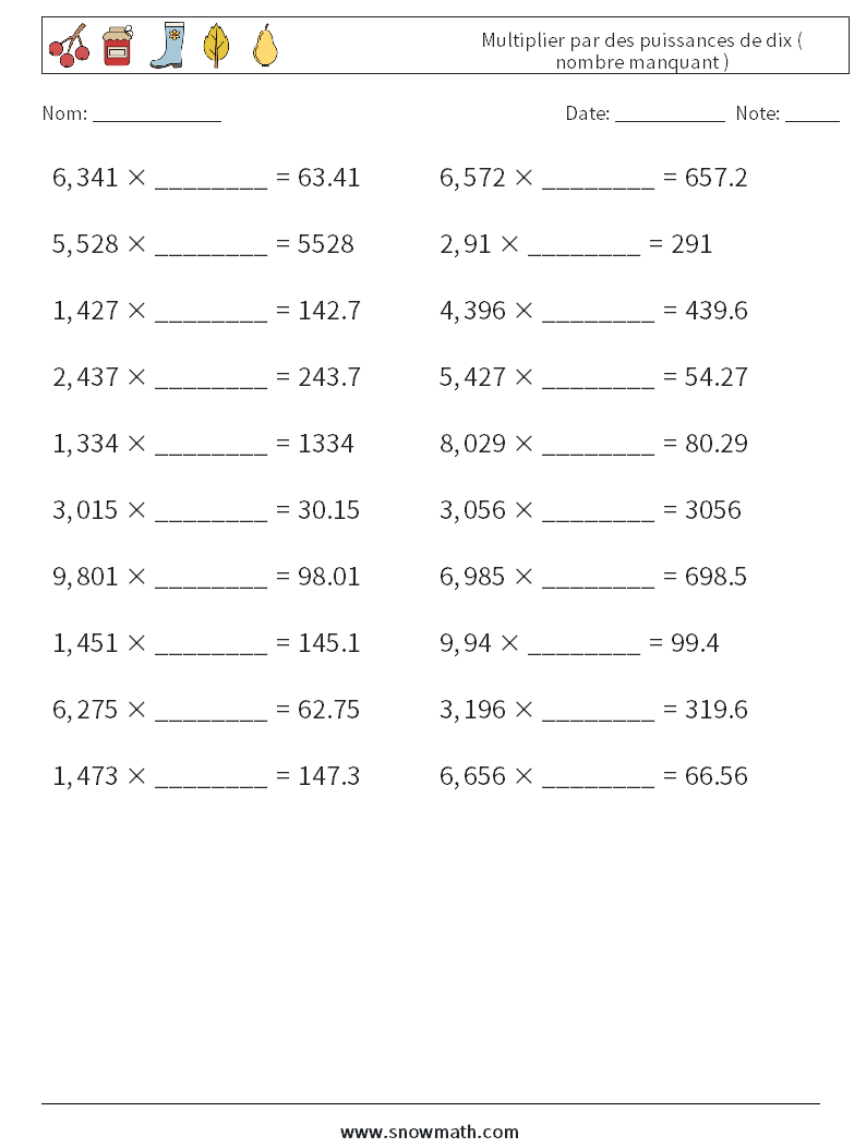 Multiplier par des puissances de dix ( nombre manquant ) Fiches d'Exercices de Mathématiques 3