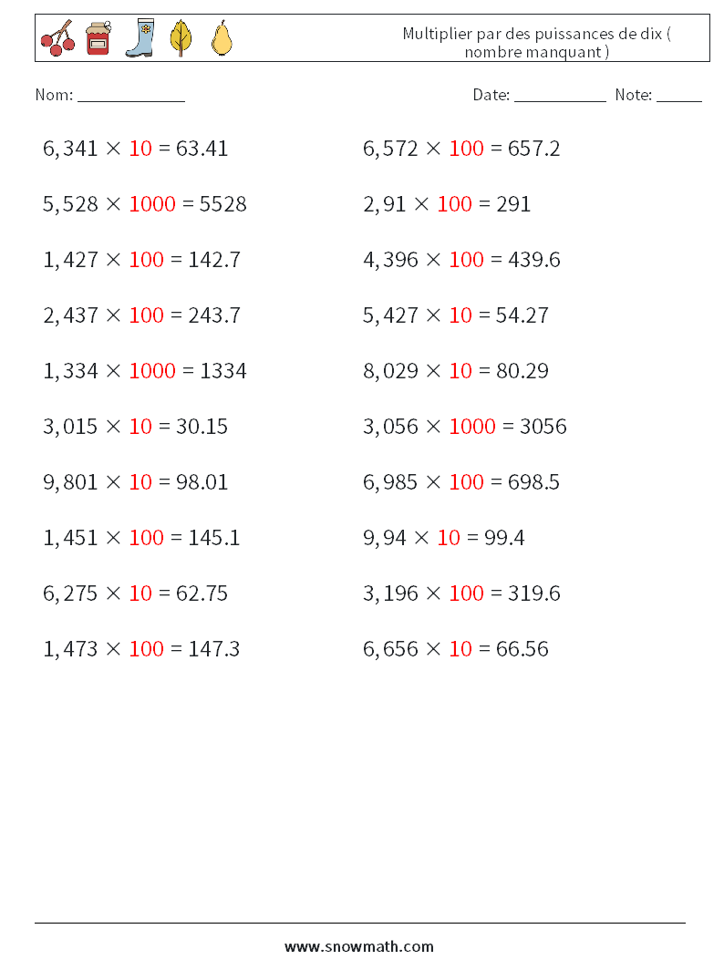 Multiplier par des puissances de dix ( nombre manquant ) Fiches d'Exercices de Mathématiques 3 Question, Réponse