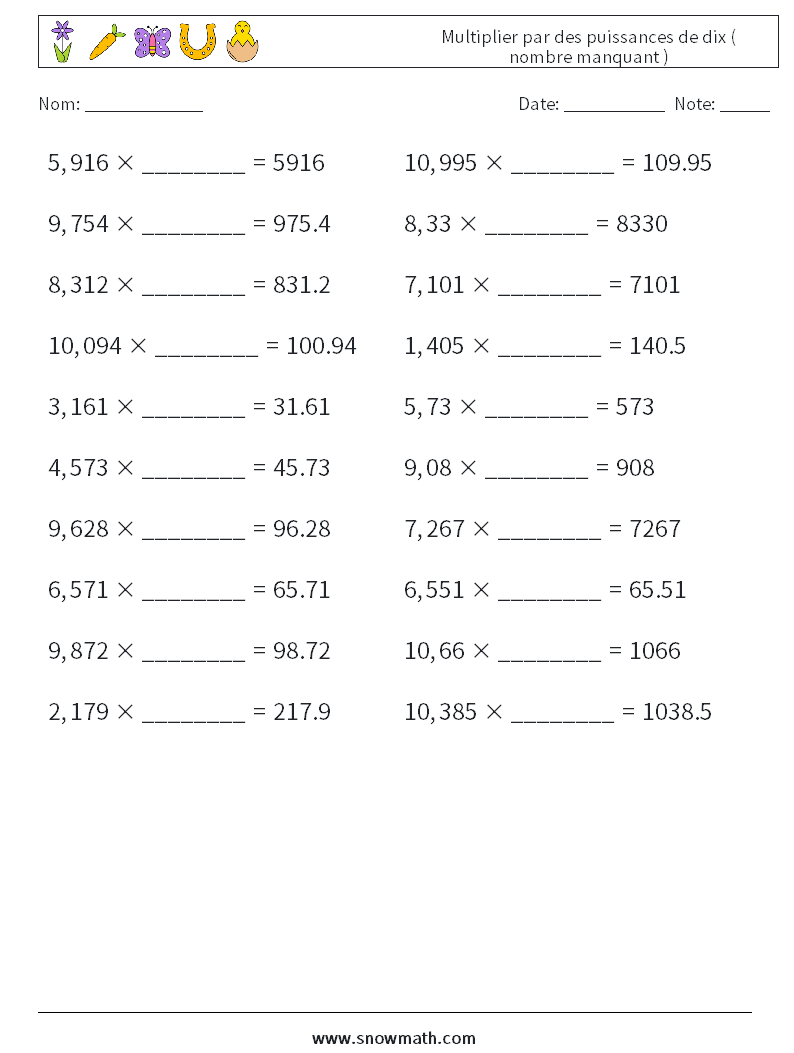 Multiplier par des puissances de dix ( nombre manquant ) Fiches d'Exercices de Mathématiques 4