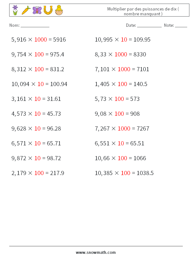 Multiplier par des puissances de dix ( nombre manquant ) Fiches d'Exercices de Mathématiques 4 Question, Réponse