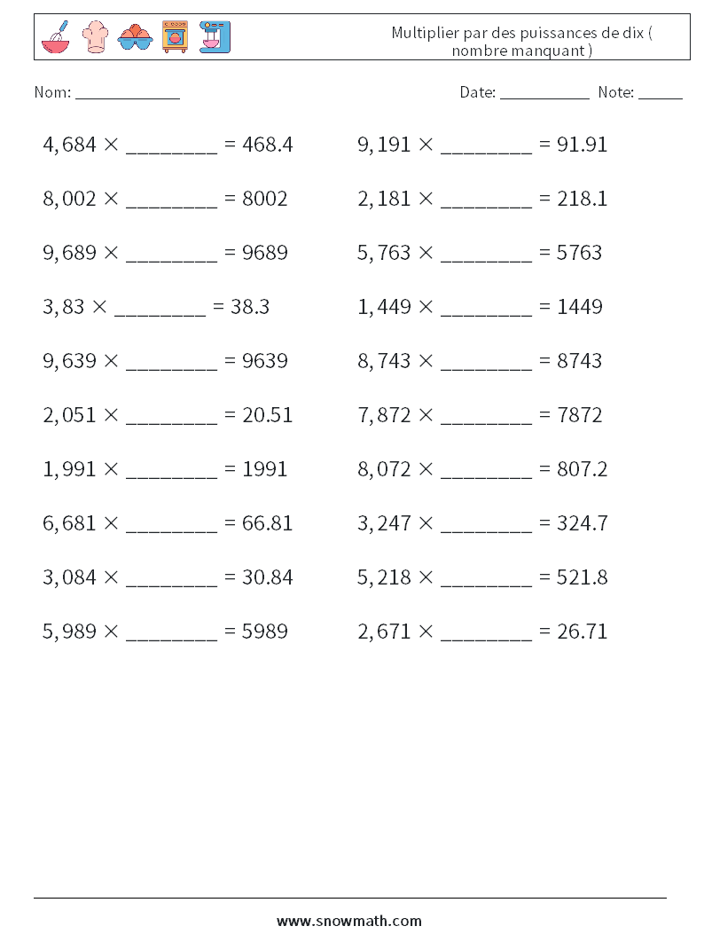 Multiplier par des puissances de dix ( nombre manquant ) Fiches d'Exercices de Mathématiques 5