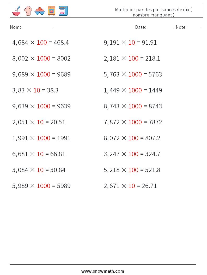 Multiplier par des puissances de dix ( nombre manquant ) Fiches d'Exercices de Mathématiques 5 Question, Réponse