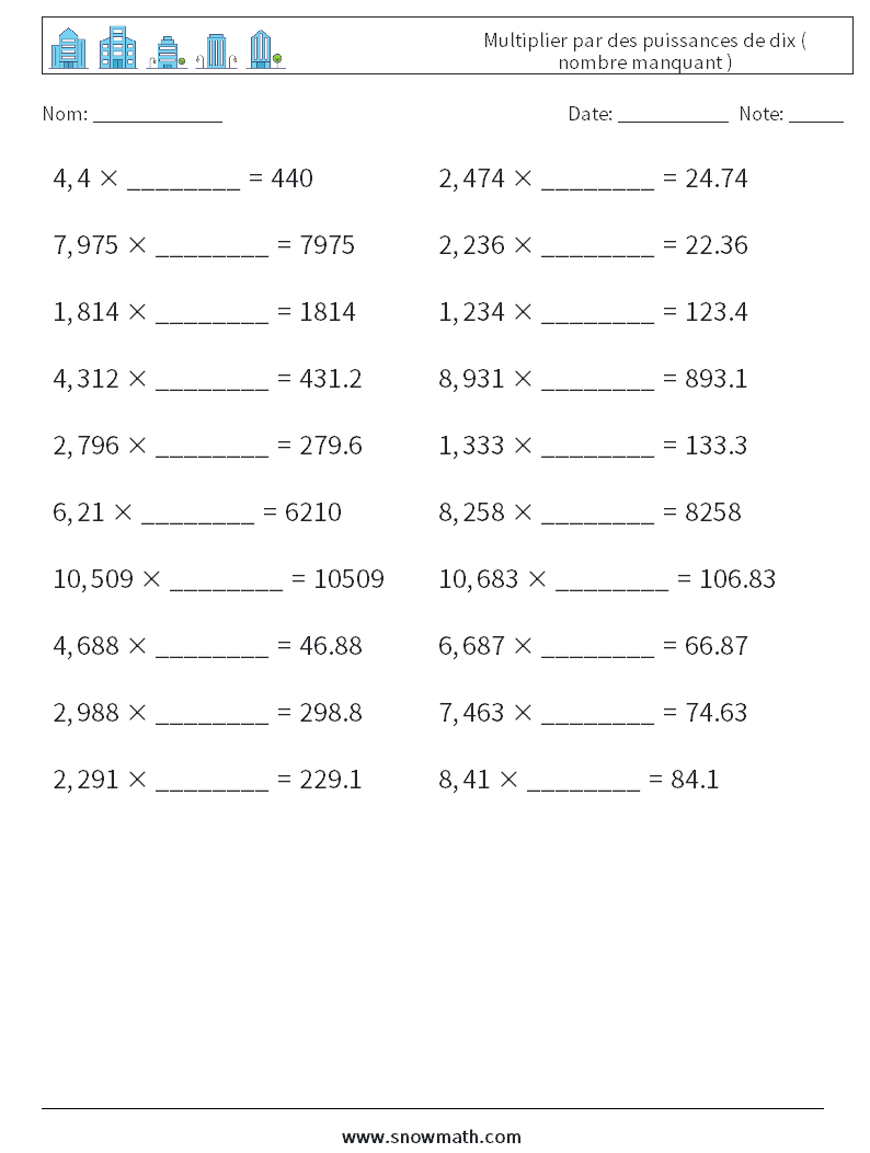 Multiplier par des puissances de dix ( nombre manquant ) Fiches d'Exercices de Mathématiques 6