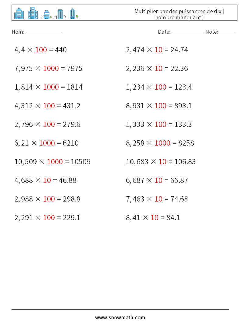 Multiplier par des puissances de dix ( nombre manquant ) Fiches d'Exercices de Mathématiques 6 Question, Réponse