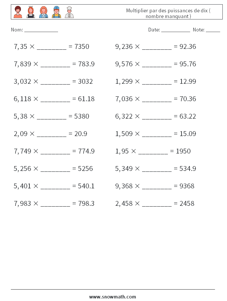 Multiplier par des puissances de dix ( nombre manquant ) Fiches d'Exercices de Mathématiques 7