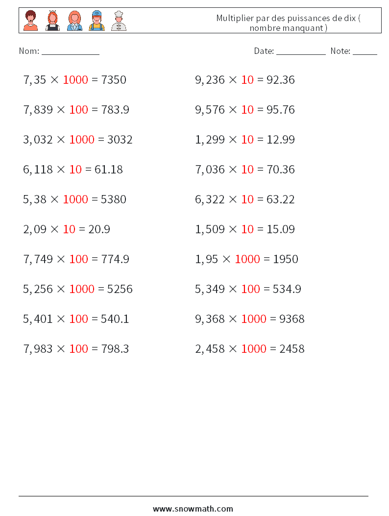 Multiplier par des puissances de dix ( nombre manquant ) Fiches d'Exercices de Mathématiques 7 Question, Réponse