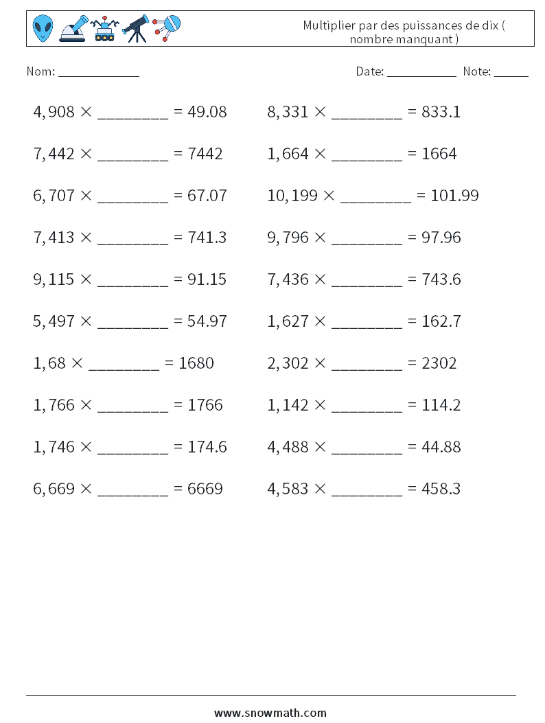 Multiplier par des puissances de dix ( nombre manquant ) Fiches d'Exercices de Mathématiques 8