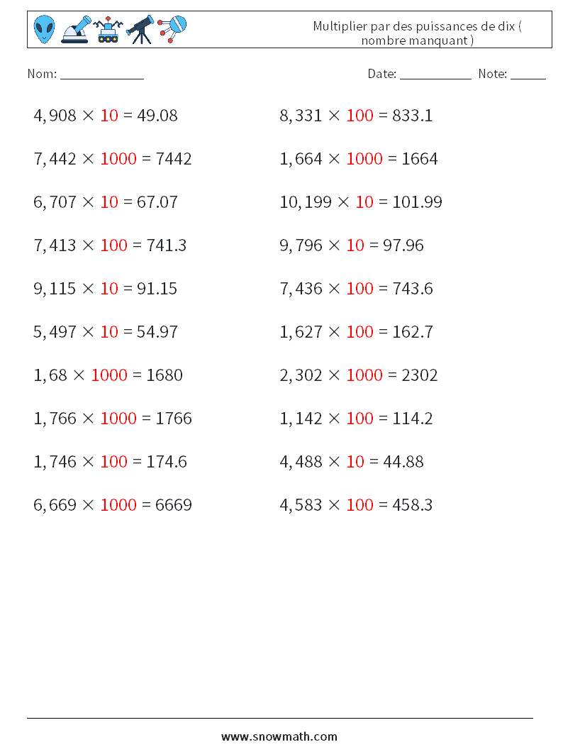 Multiplier par des puissances de dix ( nombre manquant ) Fiches d'Exercices de Mathématiques 8 Question, Réponse