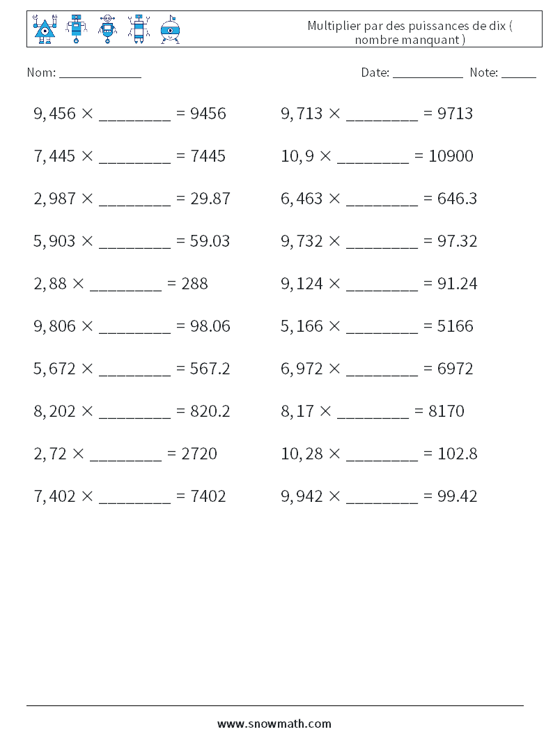 Multiplier par des puissances de dix ( nombre manquant ) Fiches d'Exercices de Mathématiques 9