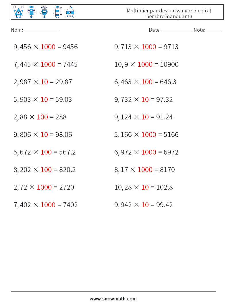 Multiplier par des puissances de dix ( nombre manquant ) Fiches d'Exercices de Mathématiques 9 Question, Réponse