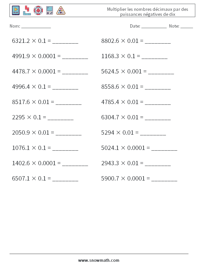 Multiplier les nombres décimaux par des puissances négatives de dix Fiches d'Exercices de Mathématiques 10