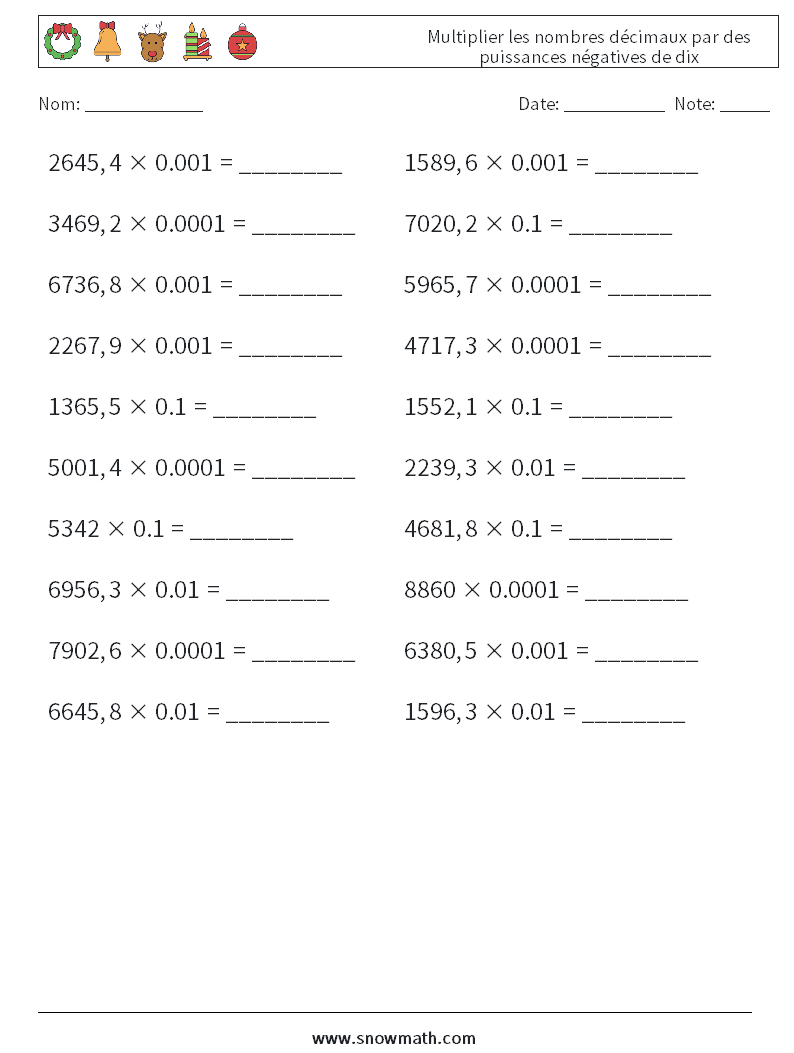 Multiplier les nombres décimaux par des puissances négatives de dix Fiches d'Exercices de Mathématiques 11