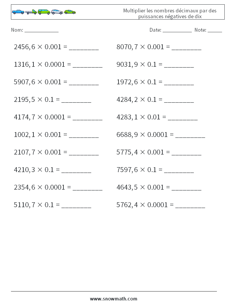 Multiplier les nombres décimaux par des puissances négatives de dix Fiches d'Exercices de Mathématiques 12