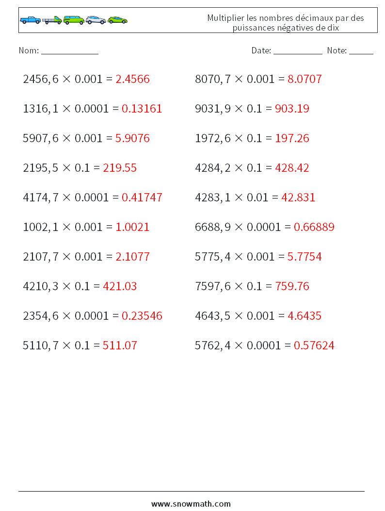 Multiplier les nombres décimaux par des puissances négatives de dix Fiches d'Exercices de Mathématiques 12 Question, Réponse