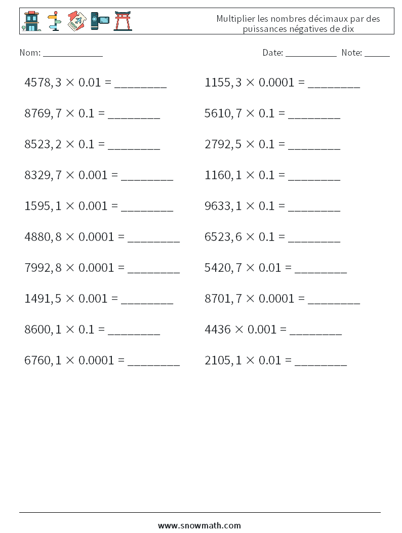 Multiplier les nombres décimaux par des puissances négatives de dix Fiches d'Exercices de Mathématiques 13