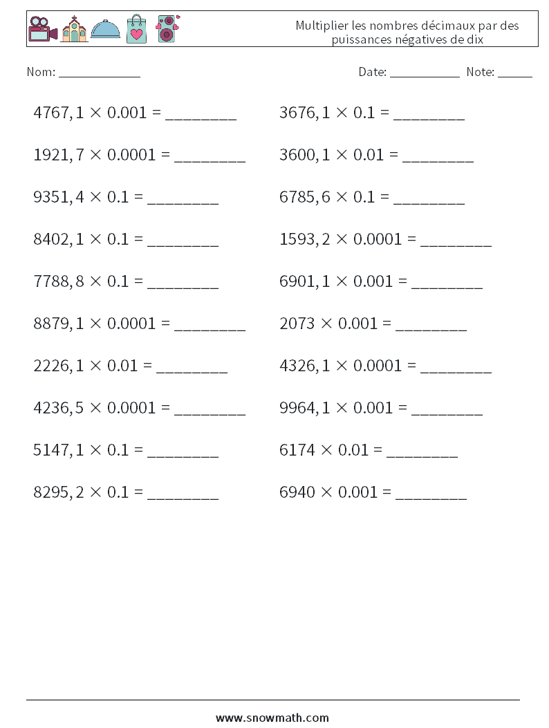 Multiplier les nombres décimaux par des puissances négatives de dix Fiches d'Exercices de Mathématiques 14