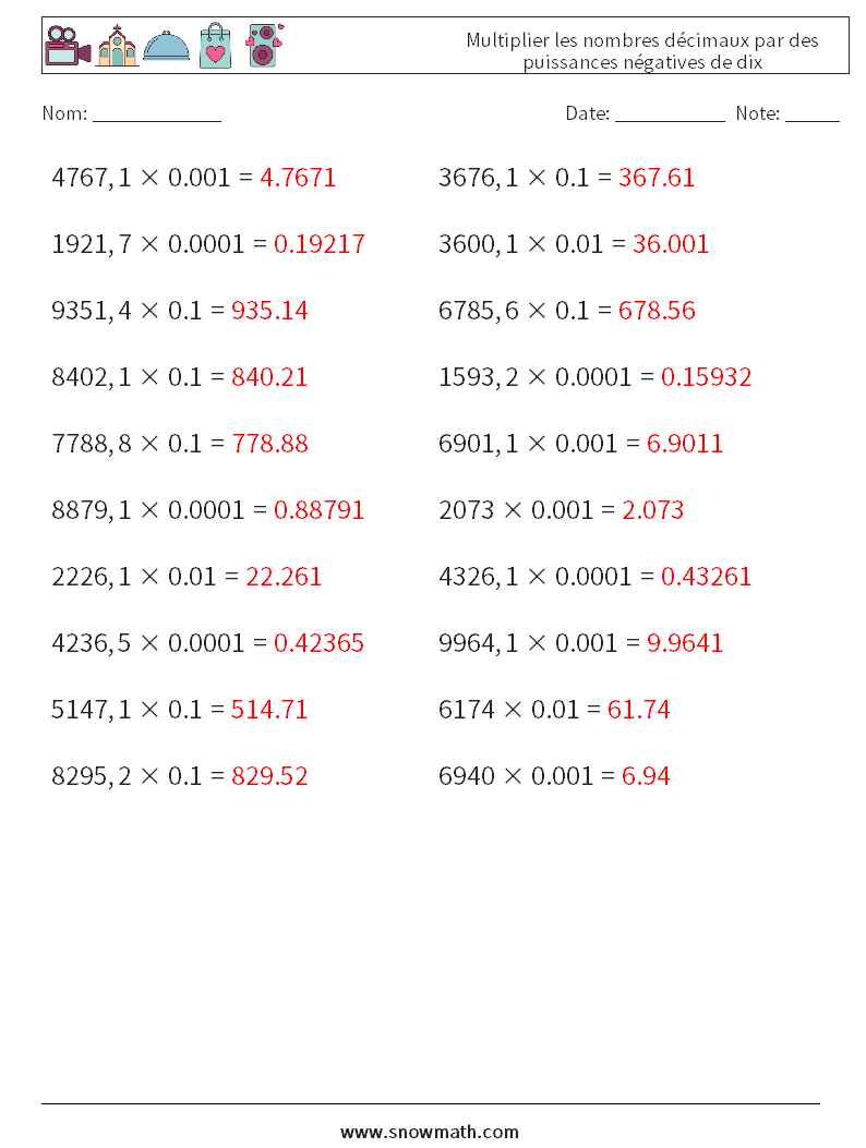 Multiplier les nombres décimaux par des puissances négatives de dix Fiches d'Exercices de Mathématiques 14 Question, Réponse