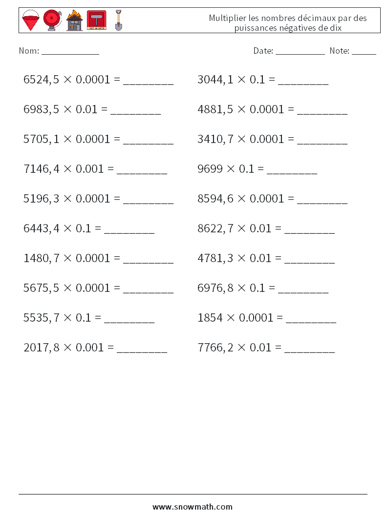 Multiplier les nombres décimaux par des puissances négatives de dix Fiches d'Exercices de Mathématiques 15